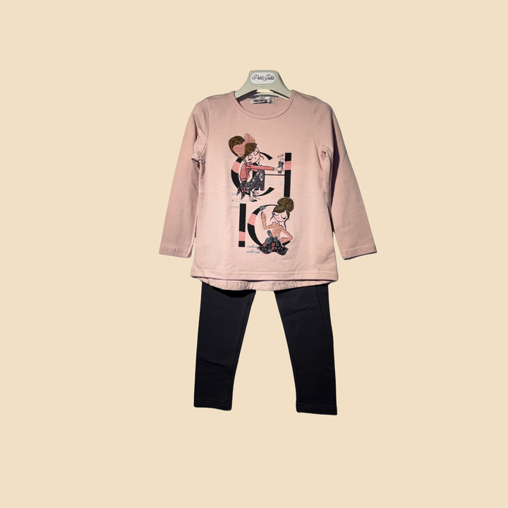 Coordinato bambina con maglia rosa stampata e leggings neri