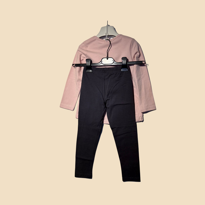 Coordinato bambina con maglia rosa stampata e leggings neri