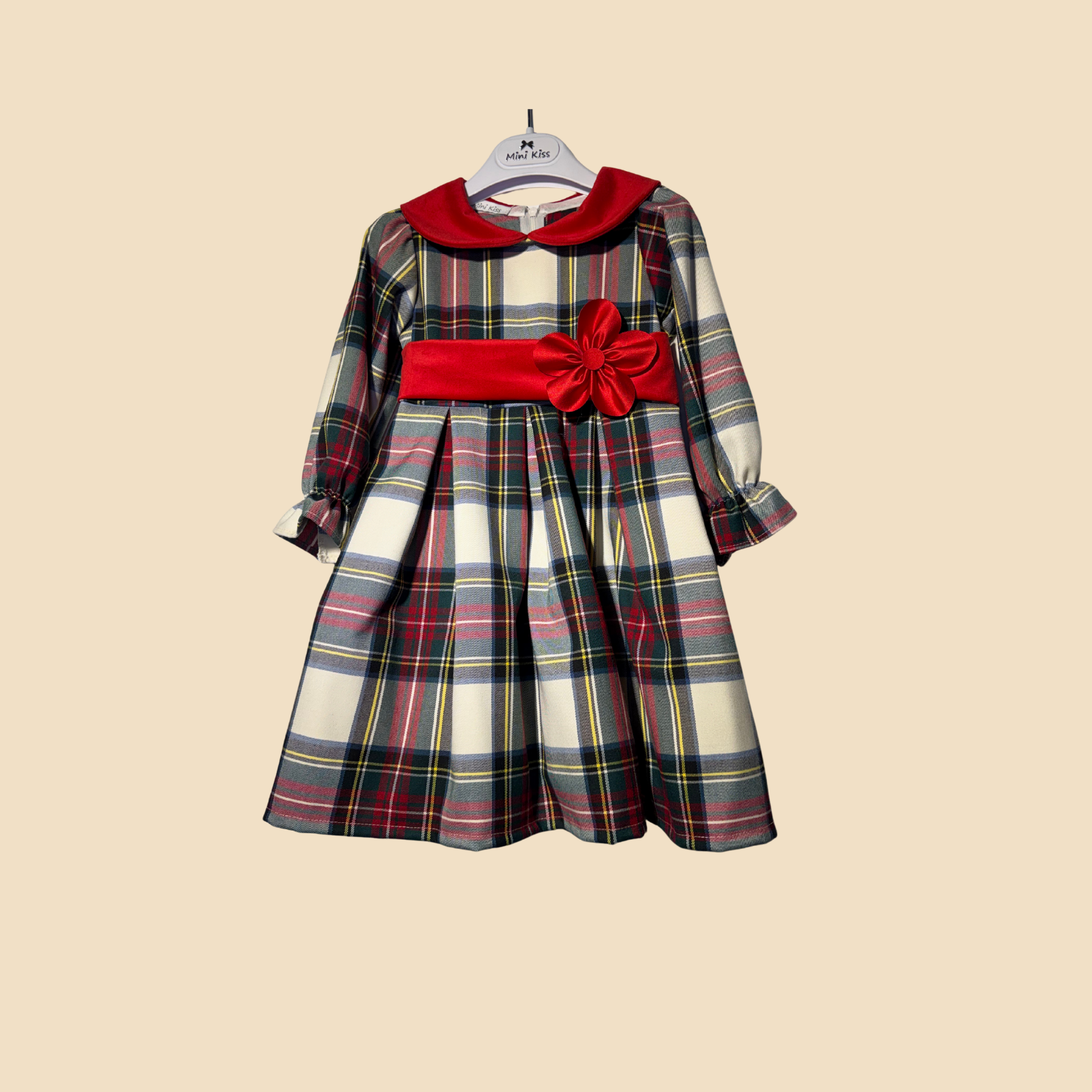 Abito Scozzese Elegante con Colletto e Fascia Rossa