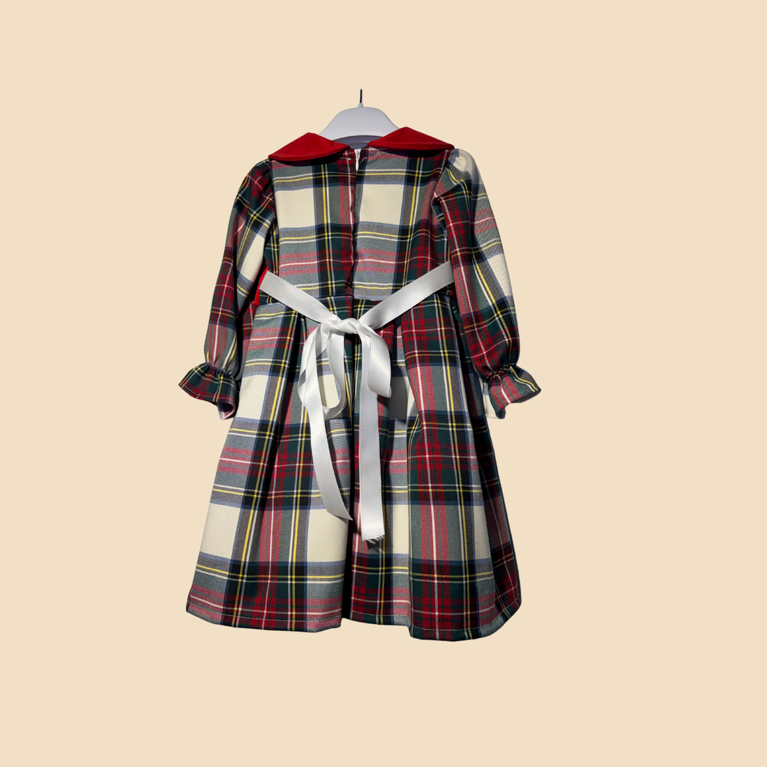 Abito Scozzese Elegante con Colletto e Fascia Rossa