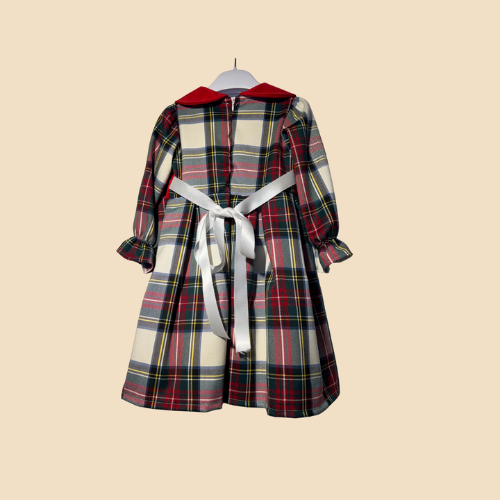 Abito Scozzese Elegante con Colletto e Fascia Rossa