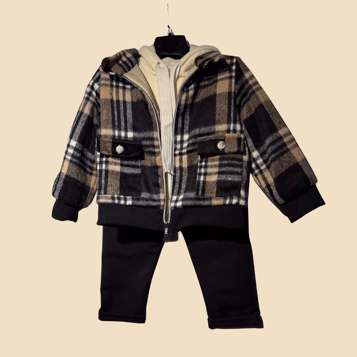 Completo neonato scozzese beige e nero