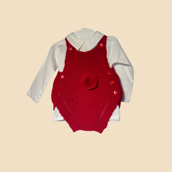 Completo neonato in maglia rossa con camicina bianca