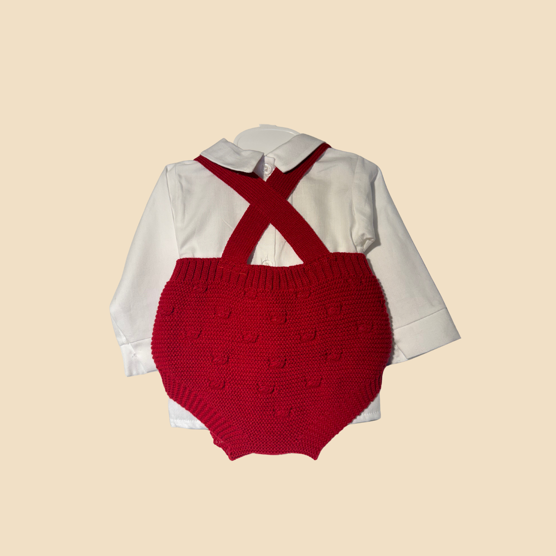 Completo neonato in maglia rossa con camicina bianca