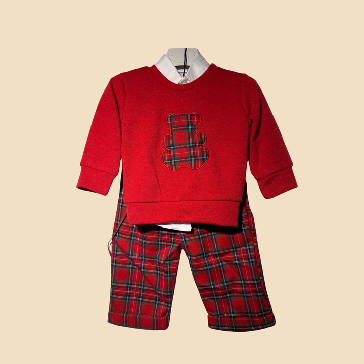 Completo tartan rosso con maglia orsetto