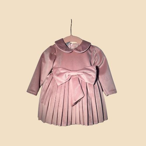 Abito Elegante da Neonato Rosa Cipria con Gonna Plissé e Maxi Fiocco