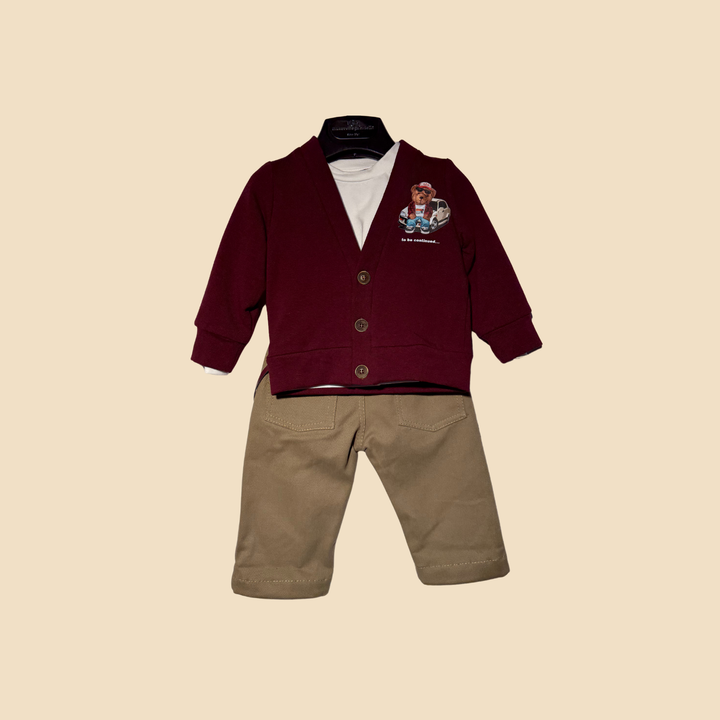 Completo neonato bordeaux con cardigan e pantaloni beige