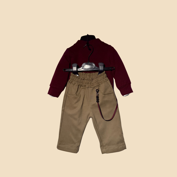 Completo neonato bordeaux con cardigan e pantaloni beige