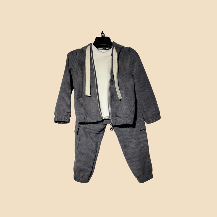 Completo neonato in velluto a costine grigio con felpa e pantaloni cargo